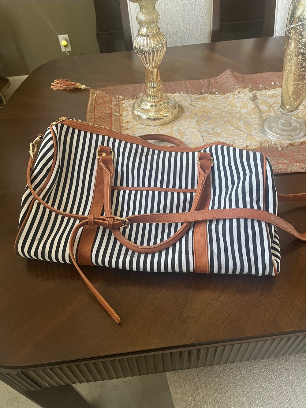 Striped Black & White Canvas Tote with Tan Trim